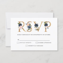 Navy Blue Dusty Blush Pink Floral Wedding RSVP