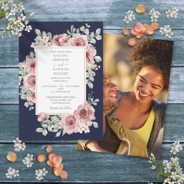 Navy Blue Dusty Rose Floral Gold Hochzeitsfest Fot Einladung (Navy Blue Dusty Rose Floral Gold Wedding Photo Invitation)