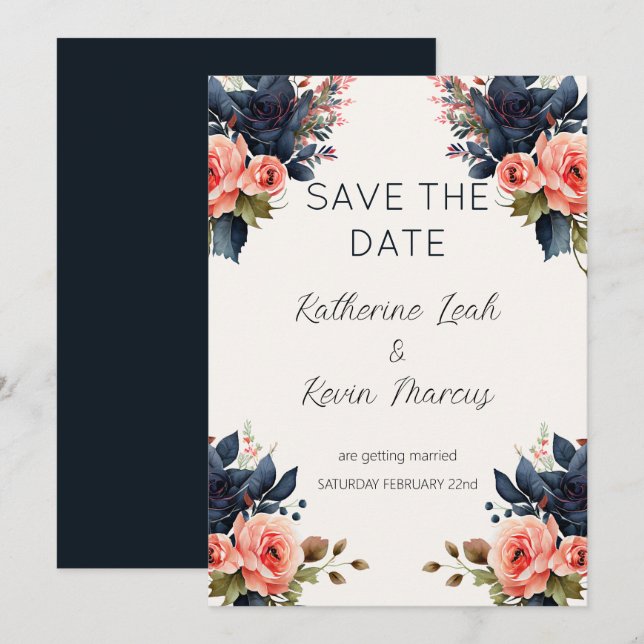 Navy Blue Dusty Rose Floral Save the Date Hochzeit Einladung (Vorne/Hinten)
