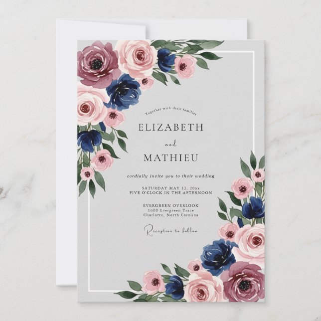 Navy Blue Dusty Rose Polished Floral Wedding Einladung (Vorderseite)