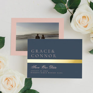 Navy Blue Dusty Rose Stripe Foto Save the Date Folieneinladung