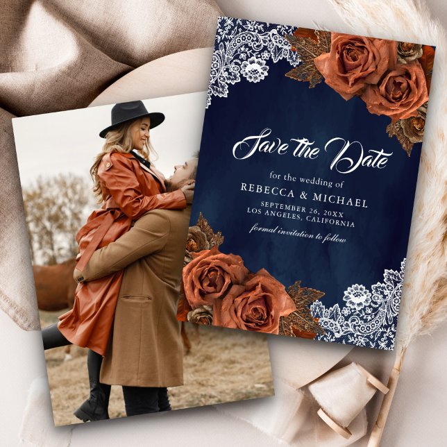 Navy Blue Dusty Terracotta Rose Wedding Foto Save The Date (Von Creator hochgeladen)