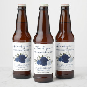 Navy & Blue Elegant Boho Rose Hochzeit Vielen Dank Bierflaschenetikett