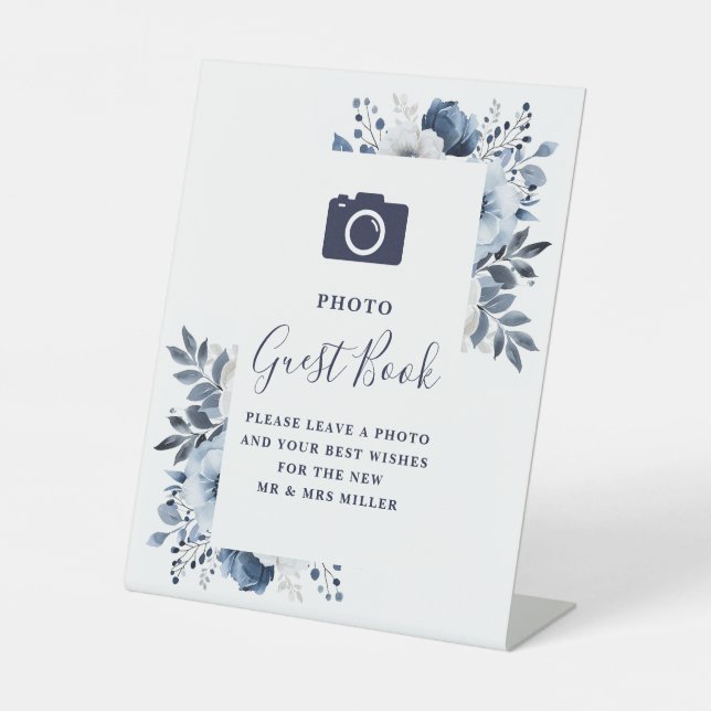 Navy Blue Elegant Floral Foto Gästebuch Hochzeit Sockelschild (Vorderseite)