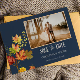 Navy Blue Elegant Foto Wild-Blätter Save the Date Postkarte