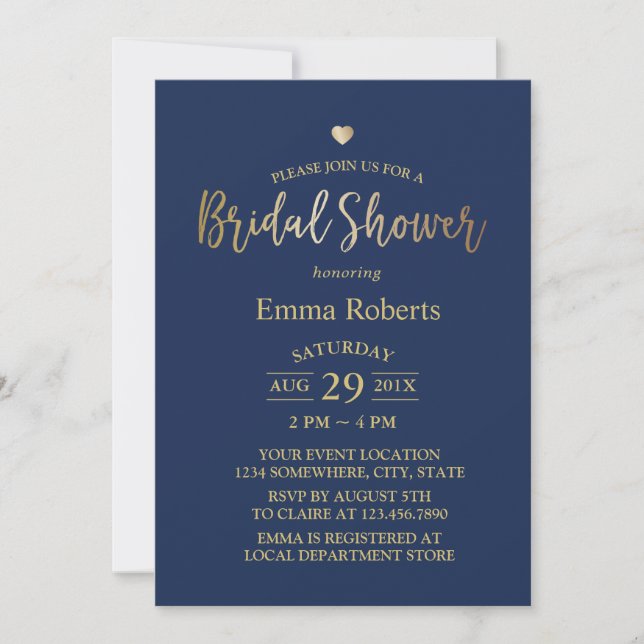 Navy Blue Elegant Gold Heart Brautparty Einladung (Vorderseite)