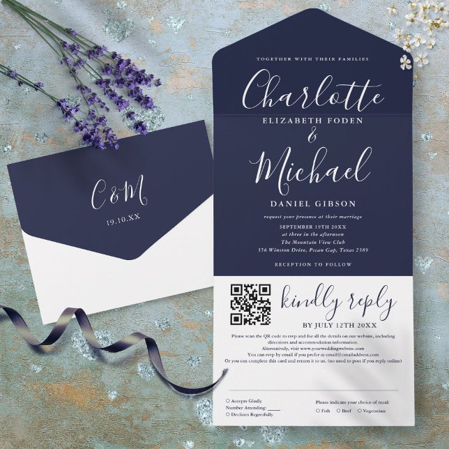 Navy Blue Elegant Modernes Script QR Code Hochzeit All In One Einladung (Navy Blue Elegant Modern Script QR Code Wedding All In One Invitation)