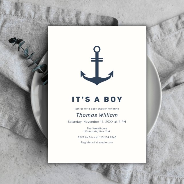 Navy Blue Elegant Nautical Anchor Baby Shower Einladung (Navy Blue Elegant Nautical Anchor Baby Shower Invitation)