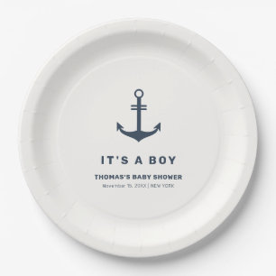 Navy Blue Elegant Nautical Anchor Baby Shower Pappteller