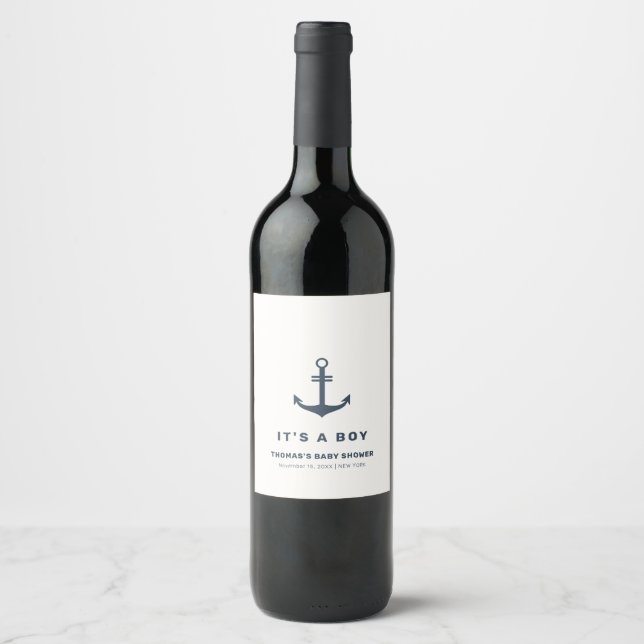 Navy Blue Elegant Nautical Anchor Baby Shower Weinetikett (Vorderseite)
