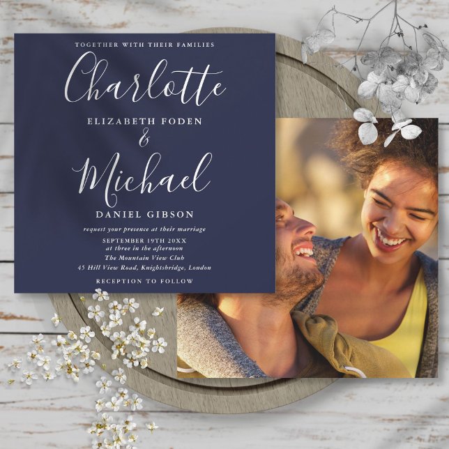 Navy Blue Elegant Signature Script Hochzeit Foto Einladung (Navy Blue Elegant Signature Script Wedding Photo Invitation)