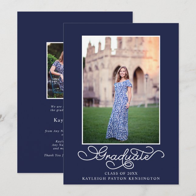Navy Blue Elegant Typografy Abschluss Foto Ankündigung (Vorne/Hinten)