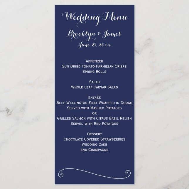 Navy Blue Elegant Wedding Menu Card Menükarte (Vorderseite)