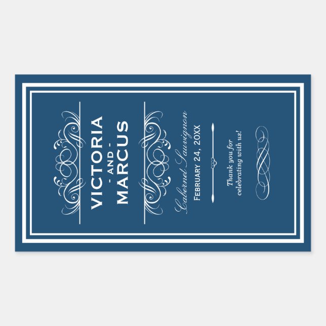 Navy Blue Elegant Wedding Monogram Wine Flasche Rechteckiger Aufkleber (Vorderseite)