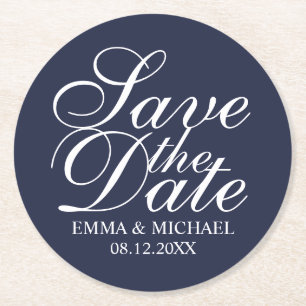 Navy Blue Elegant Wedding Save the Date Runder Pappuntersetzer
