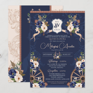 Navy Blue Elegante Baroque Charra Quinceanera Einladung
