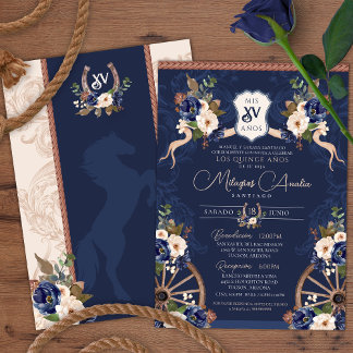 Navy Blue Elegante Baroque Charro Quinceanera Einladung