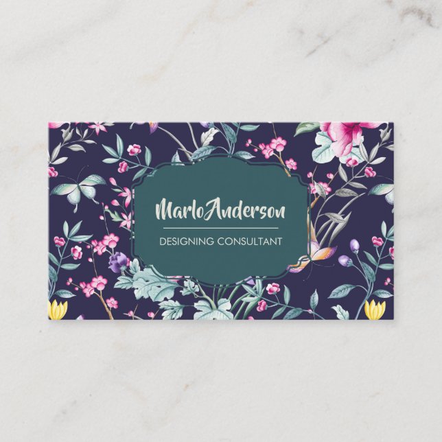 Navy Blue - Elegante Blume Business Card Visitenkarte (Vorderseite)