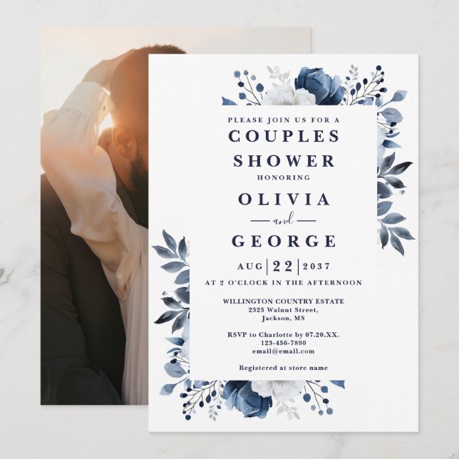Navy Blue Elegante Blumenpaare Dusche Foto Einladung (Vorne/Hinten)