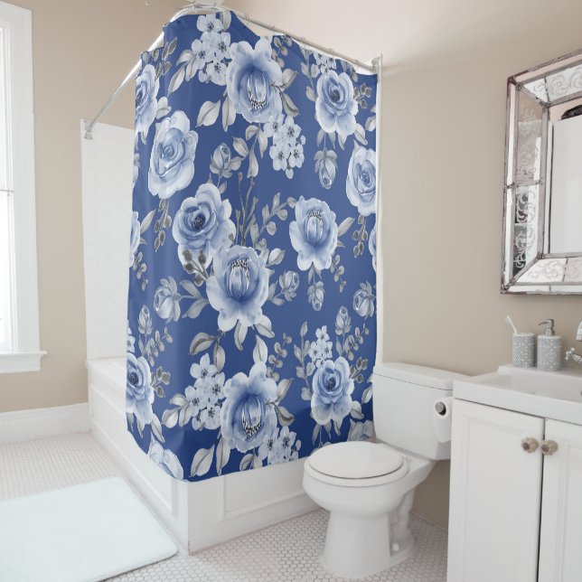 Navy Blue & Elegante Moderne Aquarellblume Duschvorhang (Beispiel)