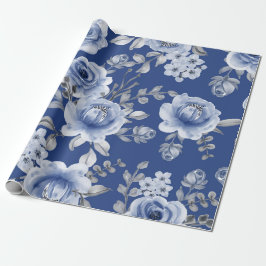 Navy Blue & Elegante Moderne Aquarellblume Geschenkpapier