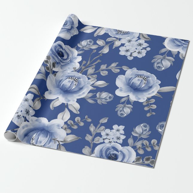 Navy Blue & Elegante Moderne Aquarellblume Geschenkpapier (Ungerollt)