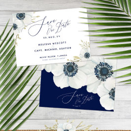 Navy Blue 💍 Elegante White Anemone Wedding Save The Date