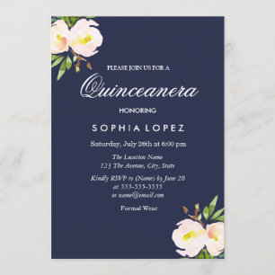 Navy Blue Eleganto Floral Quinceanera Einladung