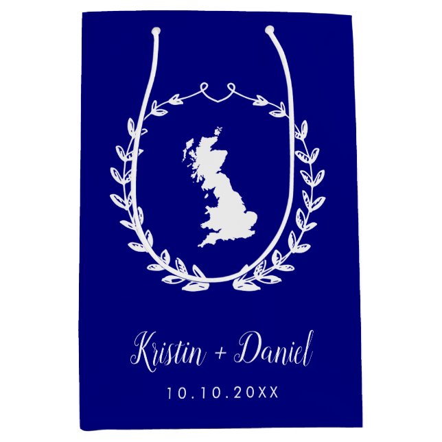 Navy Blue England UK Britain Map Wedding Welcome Mittlere Geschenktüte (Vorderseite)