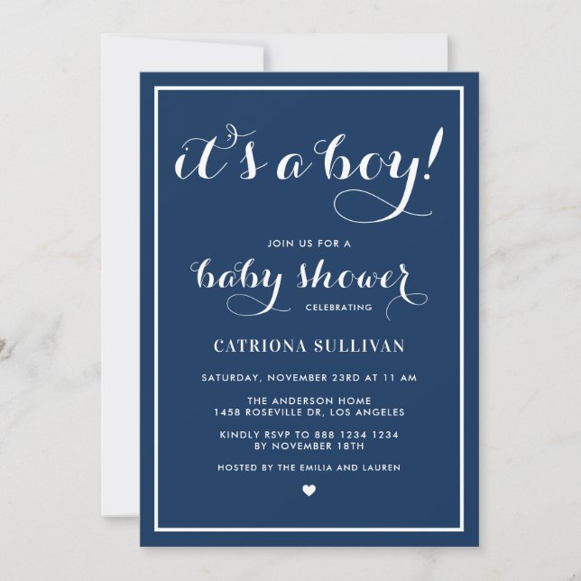Navy Blue Es ist eine Baby Script Babydusche Einladung (Vorderseite)