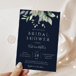 Navy Blue Eucalyptus Greenery Leaves Bridal Shower Einladung<br><div class="desc">Beautiful botanical themed bridal shower invitation featuring watercolor eucalyptus greenery leaves on a navy blue background. Perfect choice for autumn and winter weddings.</div>