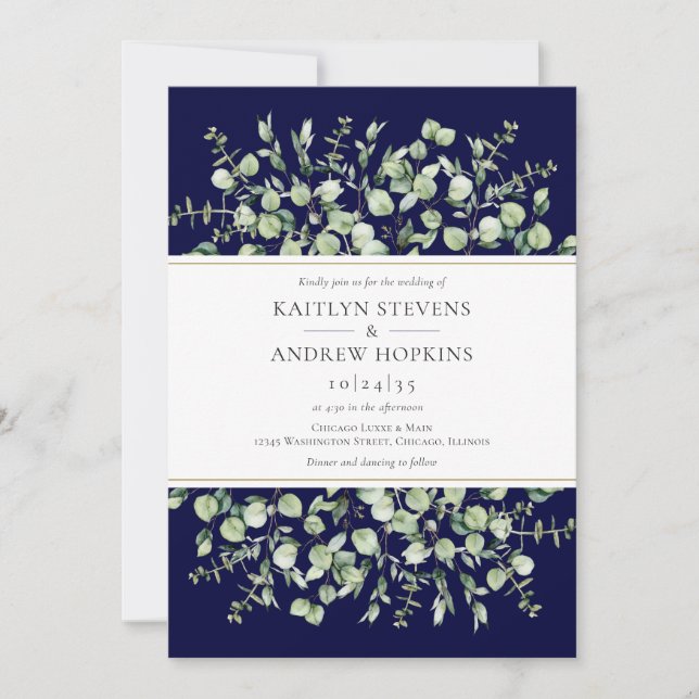 Navy Blue Eucalyptus  Wedding Einladung (Vorderseite)