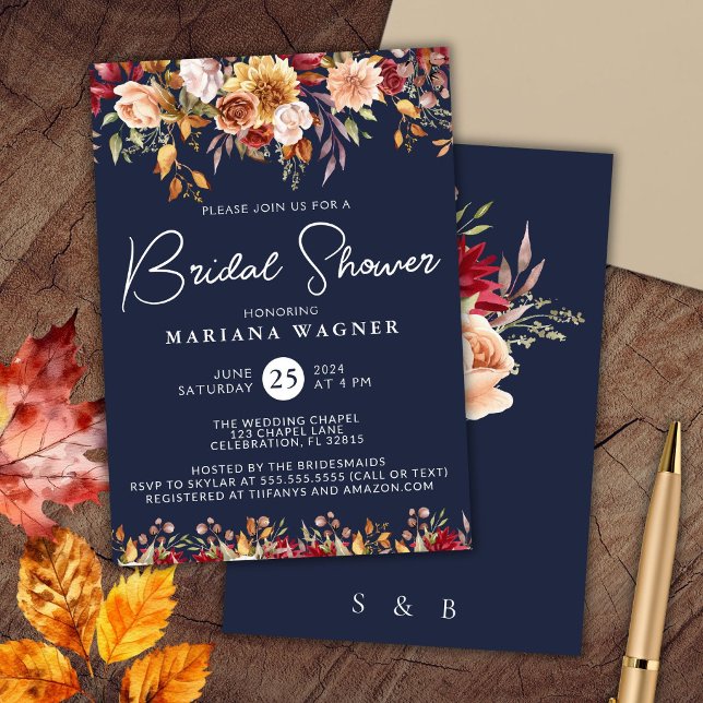 Navy Blue Fall Floral Brautparty Einladung (Von Creator hochgeladen)