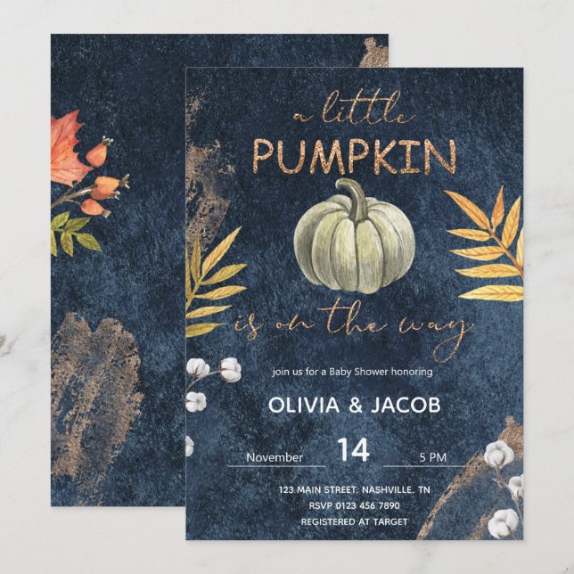 Navy Blue Fall Pumpkin Baby Dusche Einladung (Vorne/Hinten)