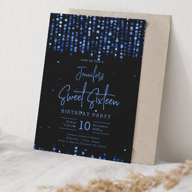 Navy Blue Falling Stars Sweet 16 Birthday Party Einladung (Navy Blue Falling Stars Sweet 16 Birthday Party Invitation)