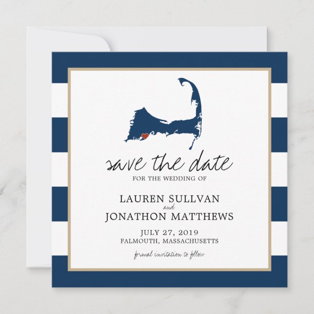 Navy Blue Falmouth Cape Cod Map Save the Date (Vorderseite)