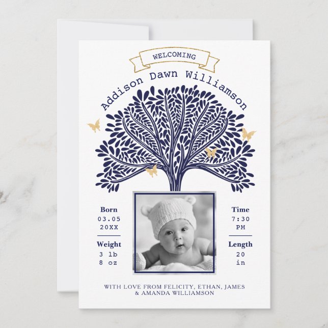 Navy Blue Family Tree Baby Birth Ankündigung (Vorderseite)