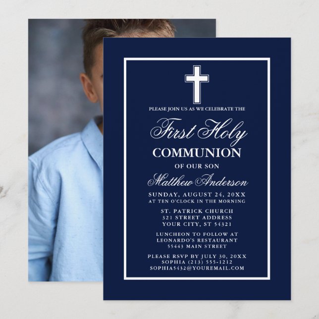 Navy Blue First Heilige Kommunion Foto Einladung (Vorne/Hinten)