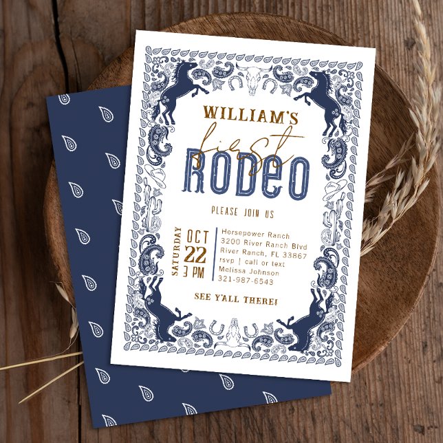 Navy Blue First Rodeo Einladung zum Geburtstag - W (Wild West Birthday Invite - Navy Blue)