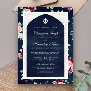 Navy Blue Floral Anand Karaj Punjabi Sikh Wedding Einladung