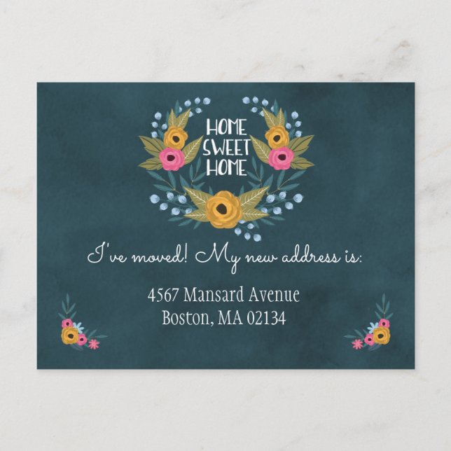 Navy Blue Floral Änderung der Adresse Ankündigungspostkarte (Vorderseite)