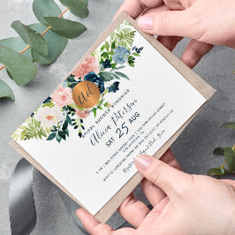 Navy Blue Floral Aquarell Monogram Brautparty Einladung