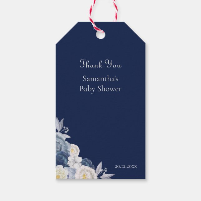 Navy Blue Floral Baby Dusche Danke Geschenkanhänger (Vorderseite)
