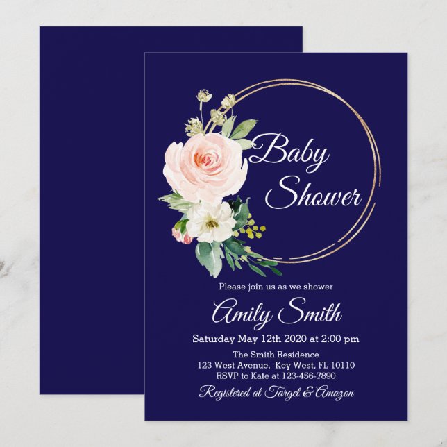 Navy Blue Floral Baby Shower Invintation Einladung (Vorne/Hinten)