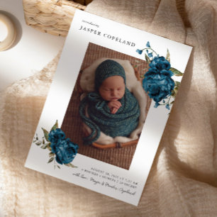 Navy Blue Floral Boy Baby Foto Geburtsankündigung Ankündigung