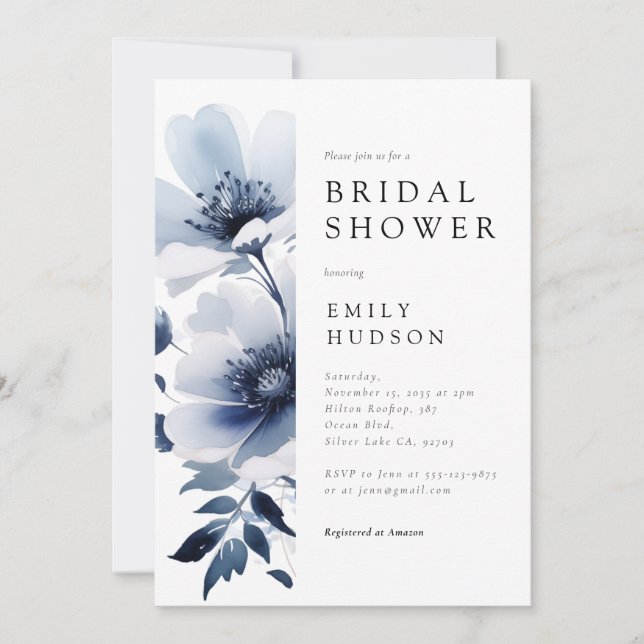 Navy Blue Floral Brautparty Einladung (Vorderseite)