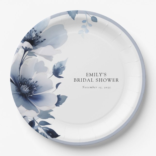 Navy Blue Floral Brautparty Pappteller (Vorderseite)