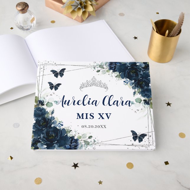 Navy Blue Floral Butterflies Silver Quinceanera 15 Gästebuch (Vorderseite Offen)