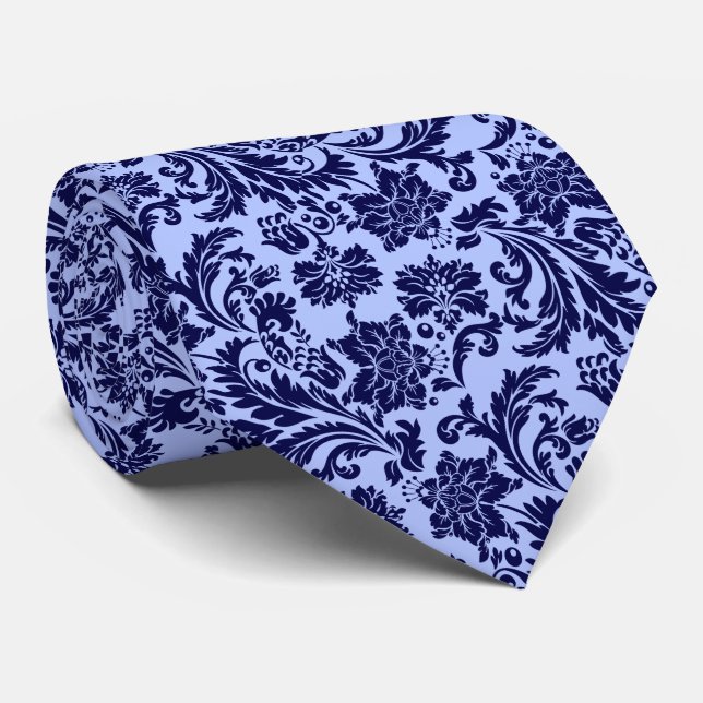 Navy Blue Floral Damaskus Light Blue Background Krawatte (Gerollt)