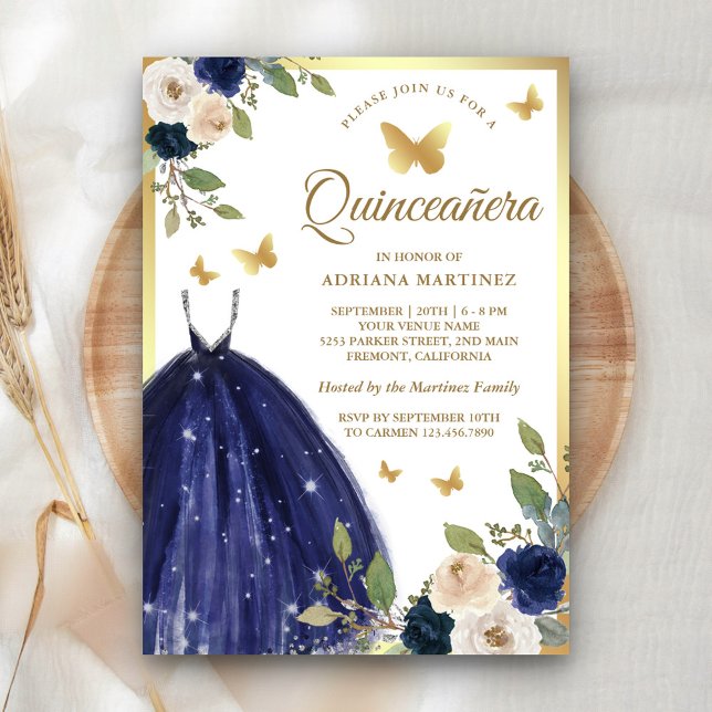 Navy Blue Floral Dress Butterfly Gold Quinceanera Einladung (Von Creator hochgeladen)